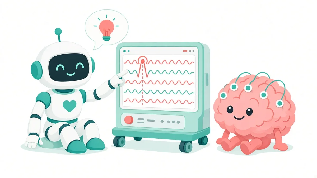 Cartoon of a friendly robot reading an EEG monitor next to a smiling brain wearing EEG electrodes.