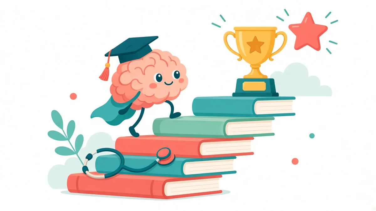 Cartoon of a brain in a graduation cap climbing a staircase of books toward a trophy and a star.