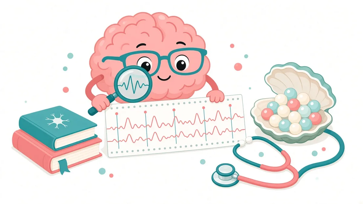 Cartoon of a brain with glasses and a magnifying glass studying an EEG tracing next to books, a stethoscope and an oyster with pearls.