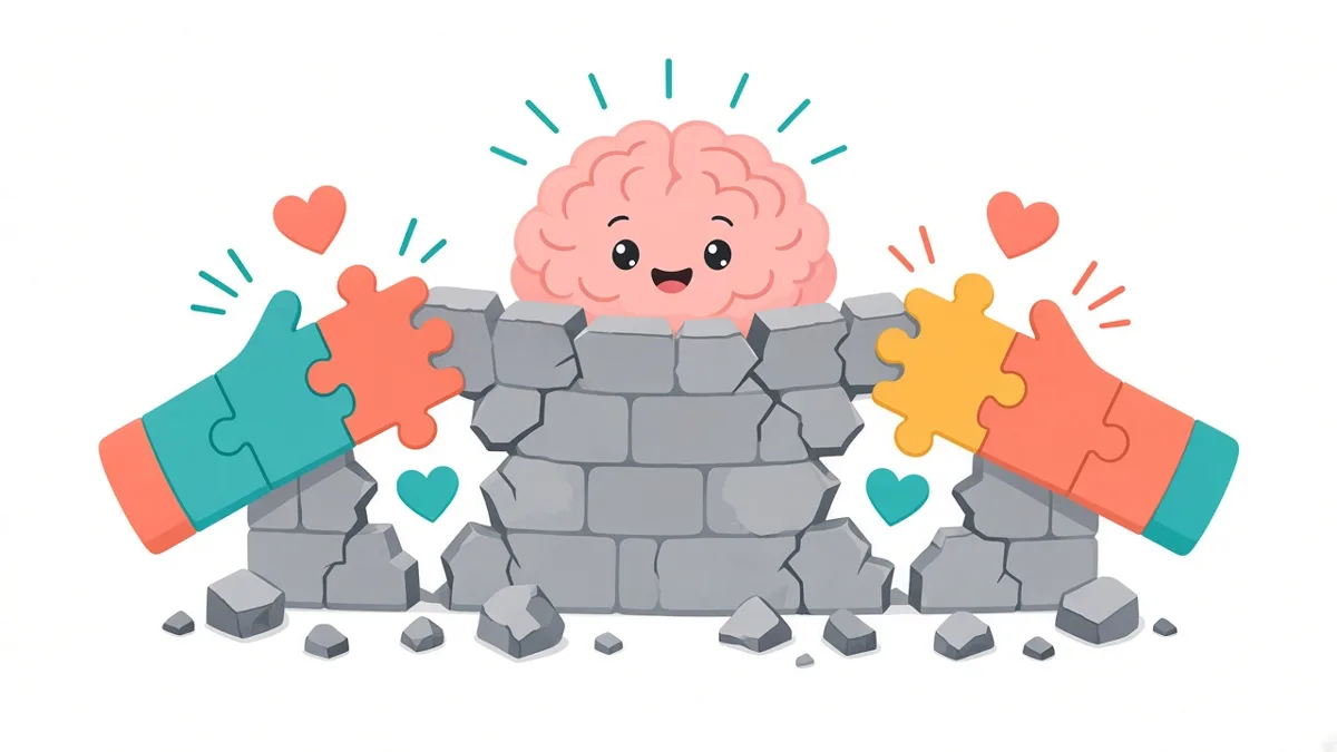 Cartoon of two hands placing puzzle pieces into a crumbling wall as a smiling brain peeks over it.