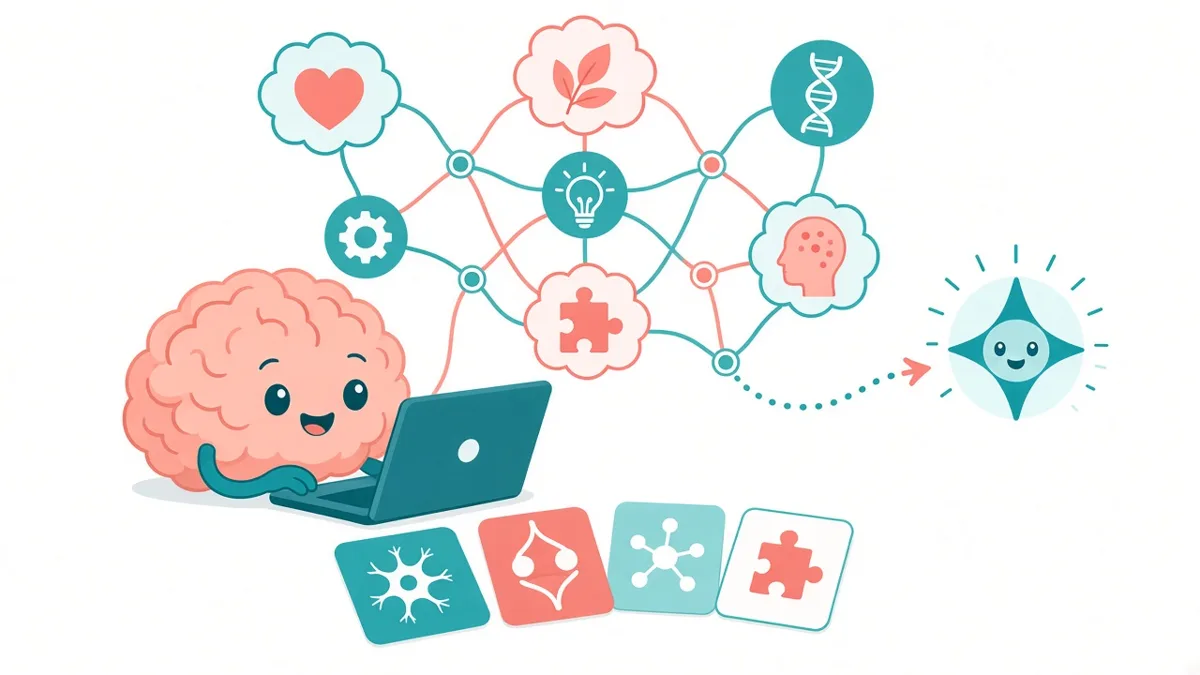 Cartoon of a brain on a laptop surrounded by connected idea icons and flashcards.