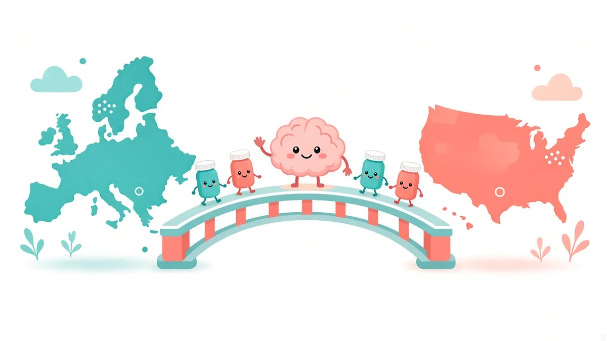 Cartoon of a bridge linking maps of Europe and the United States, with a brain and pill characters walking across.