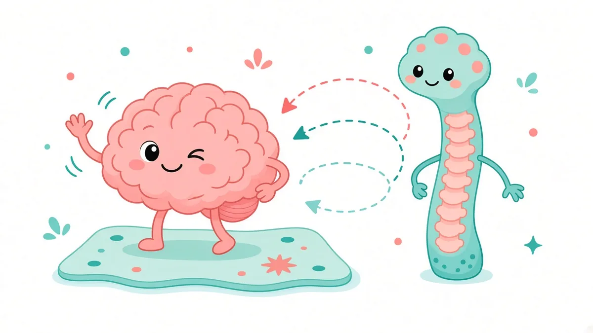 Cartoon of a waving brain character on a mat beside a friendly spinal cord character, linked by curved arrows.