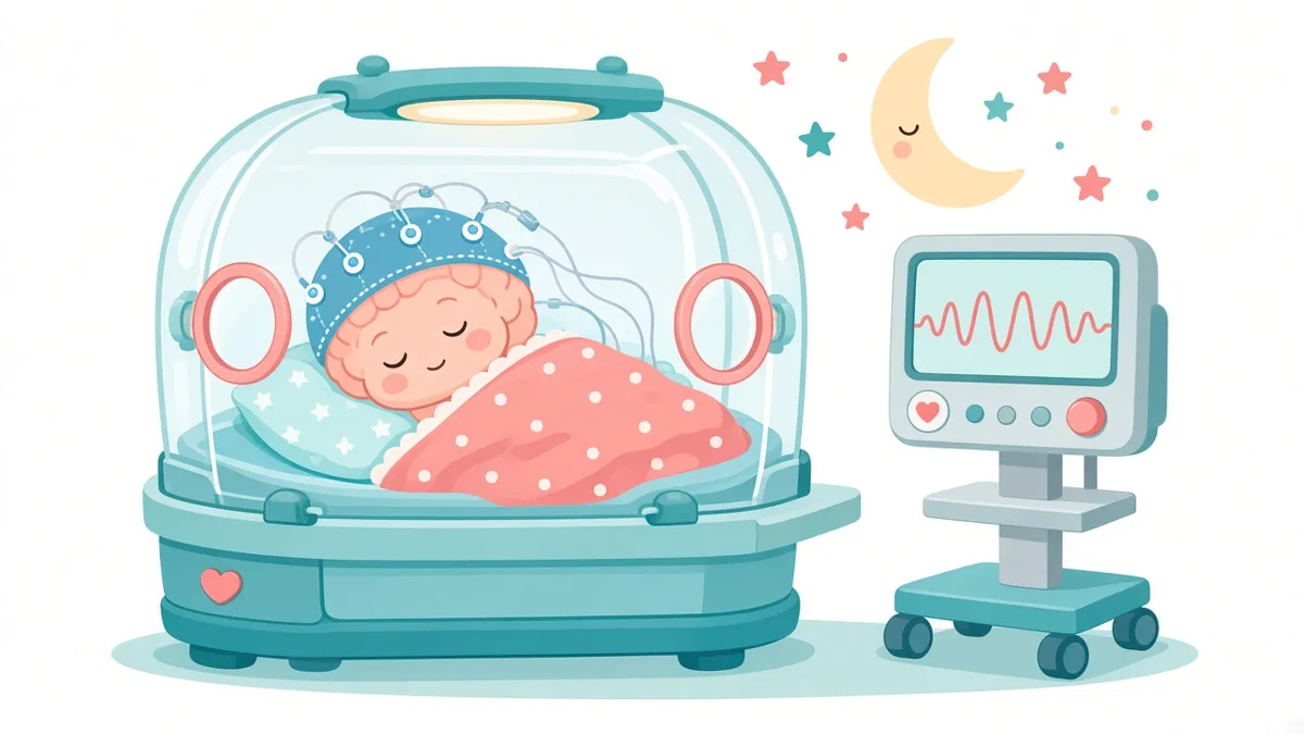 Cartoon of a sleeping baby wearing an EEG cap in an incubator beside an EEG monitor under a crescent moon.