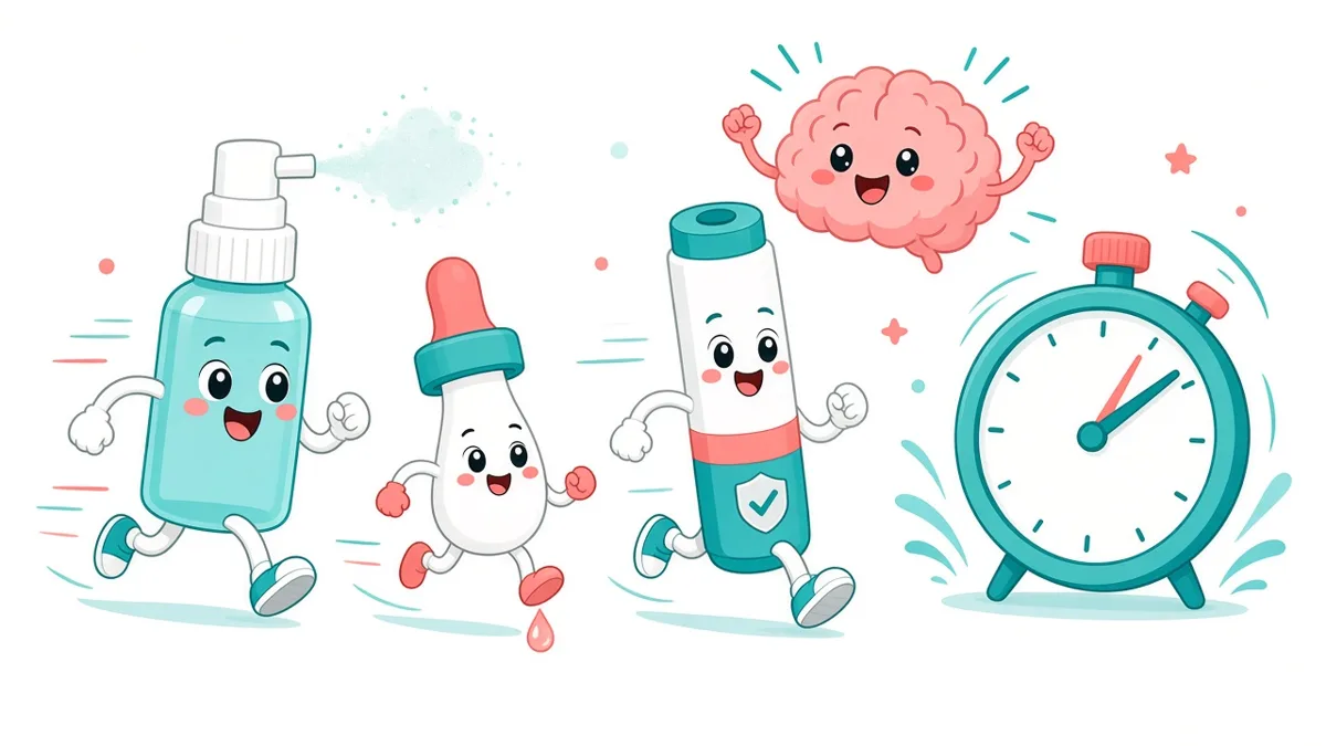 Cartoon of a nasal spray, a dropper and an injector racing beside a stopwatch, with a cheerful brain cheering them on.