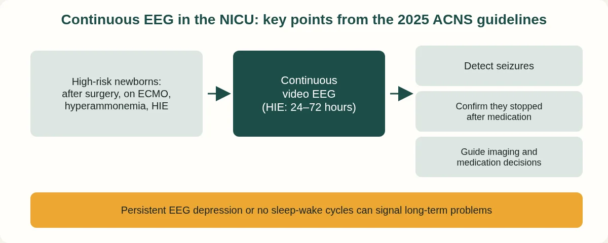 Flow: high-risk newborns get continuous video EEG (24 to 72 hours in HIE) to detect seizures, confirm they stopped and guide decisions.
