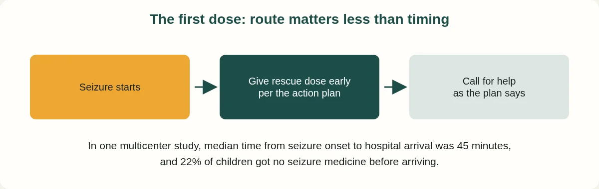 Flow: seizure starts, give rescue dose early per the action plan, call for help as the plan says.